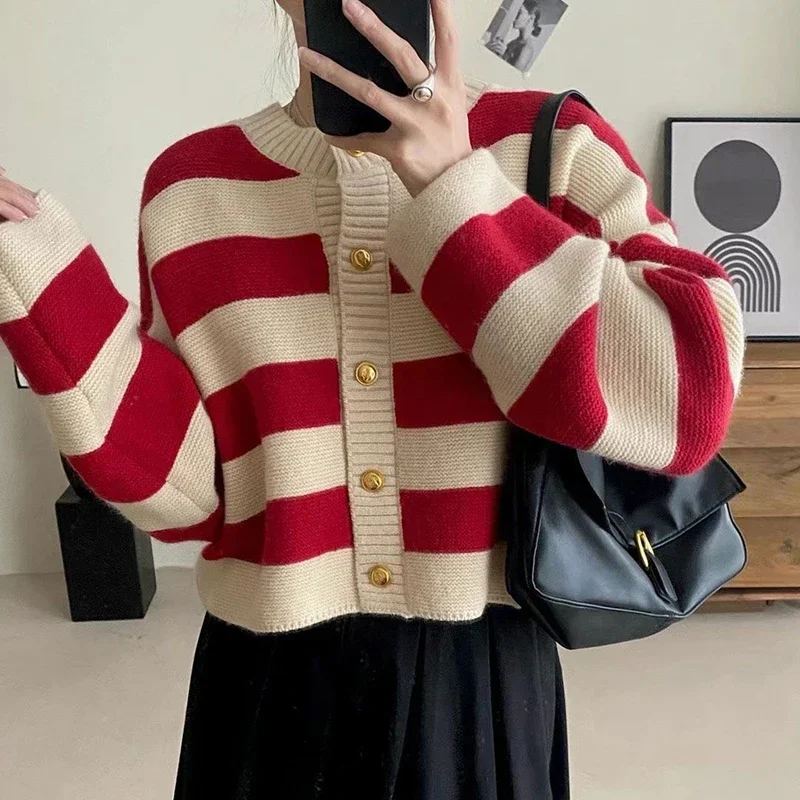 Winter Clothing Sales - Cropped Cardigan Women Striped Knitted Single